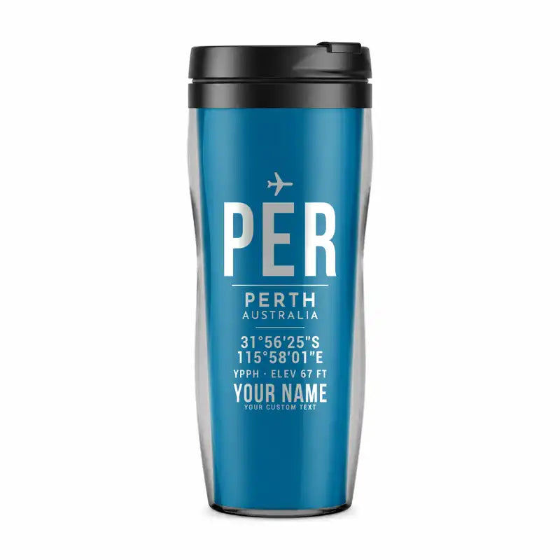 Perth Airport (PER) Travel Mugs - ID Tag + Name - Plastic (No Holder) - Light Blue