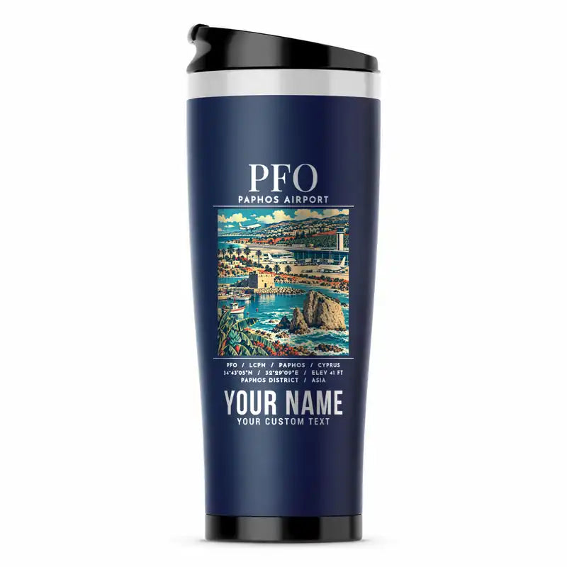 Paphos International Airport (PFO) Travel Mugs - Poster + Name - Stainless Steel (No Holder) - Dark Blue