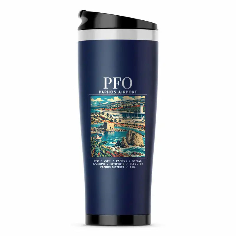 Paphos International Airport (PFO) Travel Mugs - Poster - Stainless Steel (No Holder) - Dark Blue