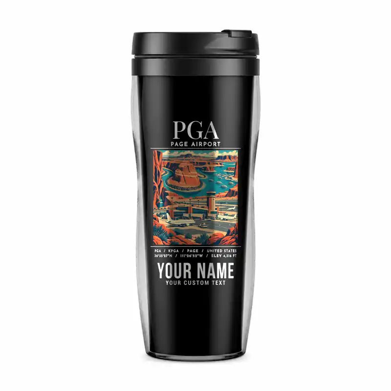 Page Municipal Airport (PGA) Travel Mugs - Poster + Name - Plastic (No Holder) - Black