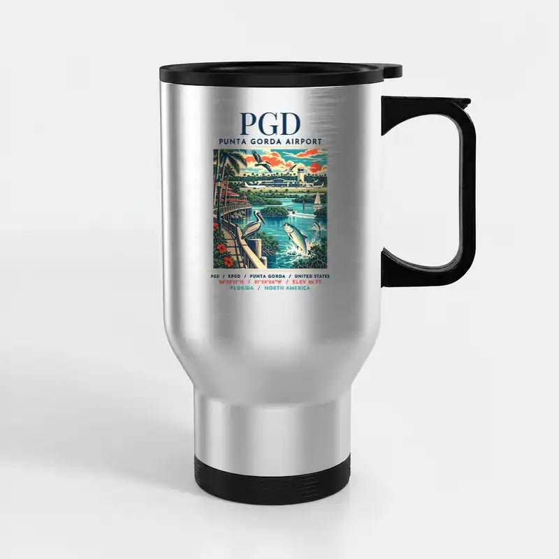Punta Gorda Airport (PGD) Travel Mugs - Poster - Stainless Steel with Holder - Silver
