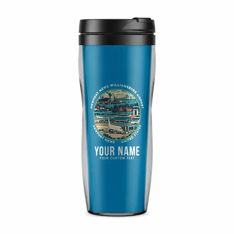 Newport News Williamsburg International Airport (PHF) Travel Mugs - Badge + Name - Plastic (No Holder) - Light Blue
