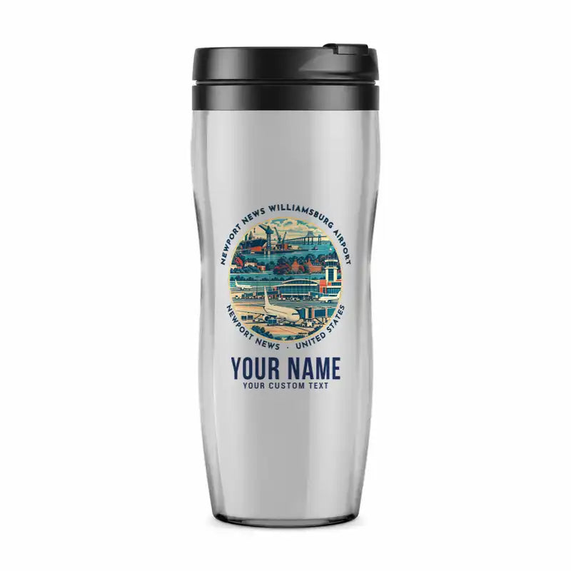 Newport News Williamsburg International Airport (PHF) Travel Mugs - Badge + Name - Plastic (No Holder) - Light Gray