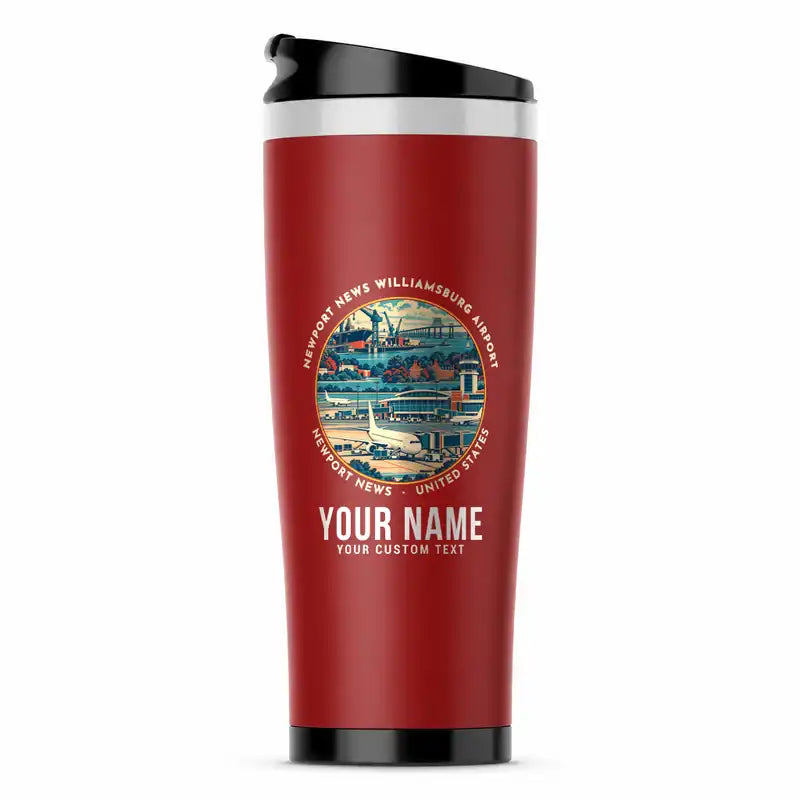 Newport News Williamsburg International Airport (PHF) Travel Mugs - Badge + Name - Stainless Steel (No Holder) - Red