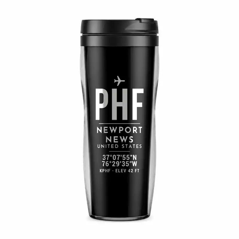 Newport News Williamsburg International Airport (PHF) Travel Mugs - ID Tag - Plastic (No Holder) - Black
