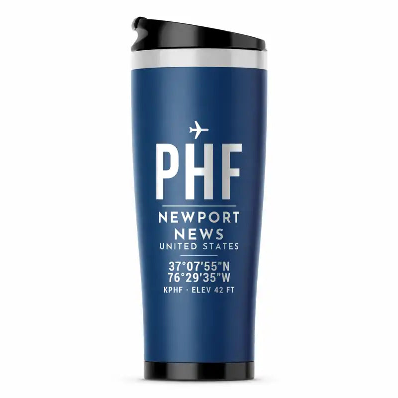 Newport News Williamsburg International Airport (PHF) Travel Mugs - ID Tag - Stainless Steel (No Holder) - Blue