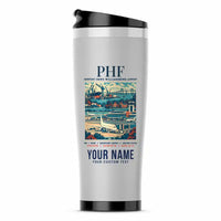 Thumbnail for Newport News Williamsburg International Airport (PHF) Travel Mugs - Poster + Name - Stainless Steel (No Holder) - Light Gray