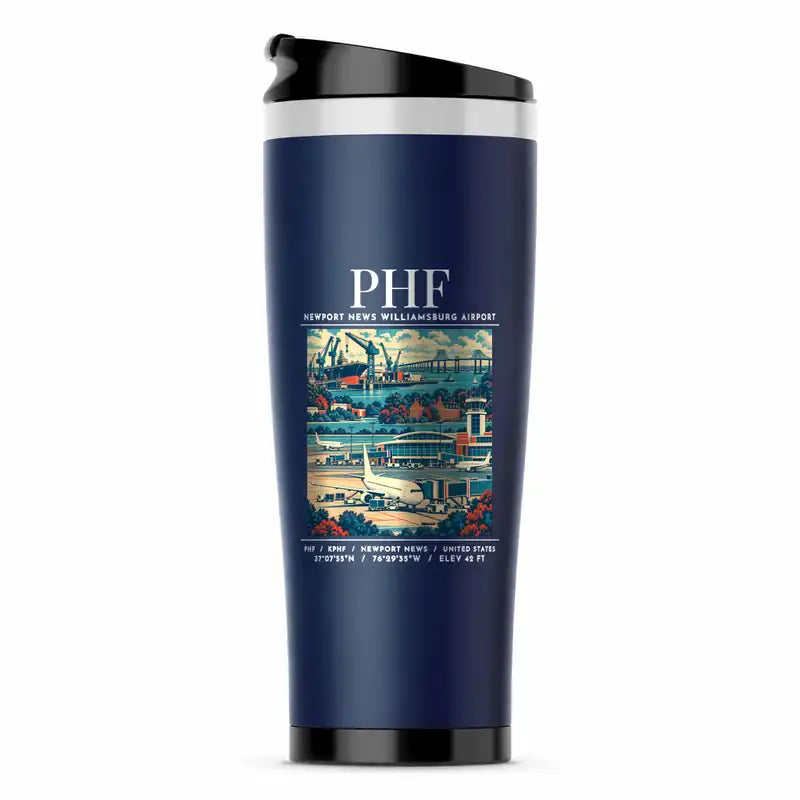Newport News Williamsburg International Airport (PHF) Travel Mugs - Poster - Stainless Steel (No Holder) - Dark Blue