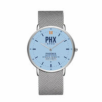 Thumbnail for Phoenix Sky Harbor International Airport (PHX) Aviator Watches - Classic - Light Blue - Slim Mesh - Silver & Silver Stainless Steel Strap
