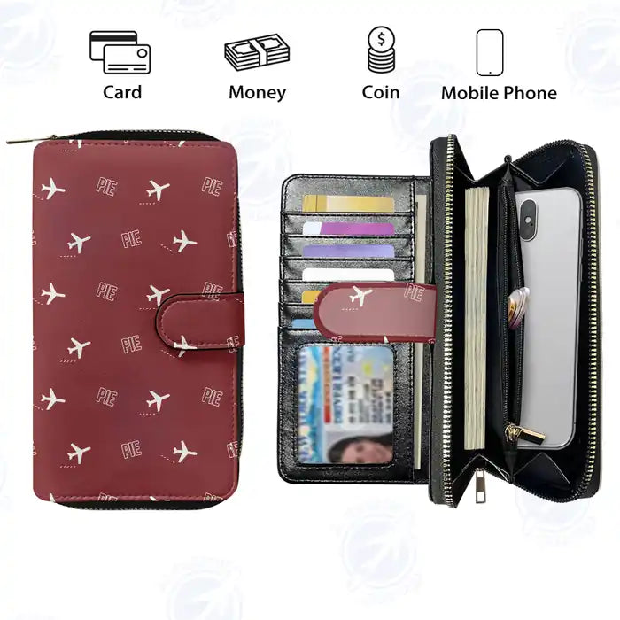 St. Pete–Clearwater International Airport (PIE) Leather Wallets - Zip Long Wallet - Pattern - Dark Red