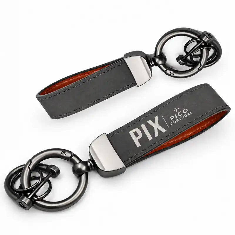Pico Airport (PIX) Leather Key Chains - Leather Key Chain - Horseshoe Buckle - Original Design - Gray