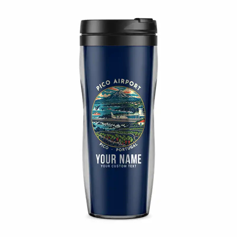 Pico Airport (PIX) Travel Mugs - Badge + Name - Plastic (No Holder) - Dark Blue