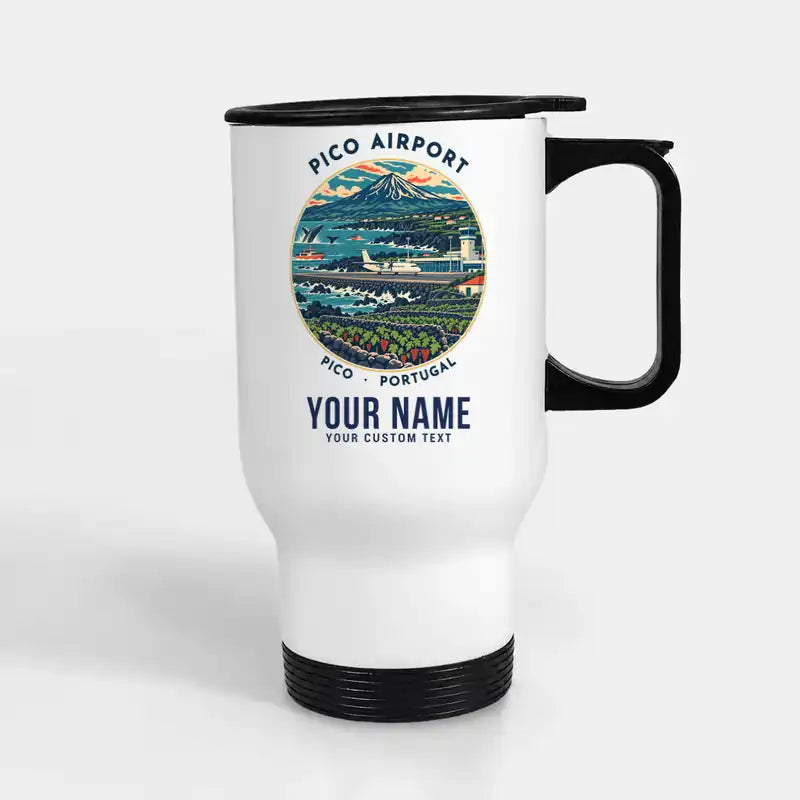Pico Airport (PIX) Travel Mugs - Badge + Name - Stainless Steel with Holder - White