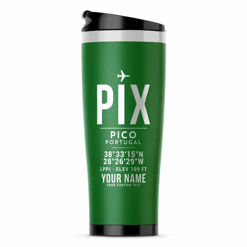 Pico Airport (PIX) Travel Mugs - ID Tag + Name - Stainless Steel (No Holder) - Green