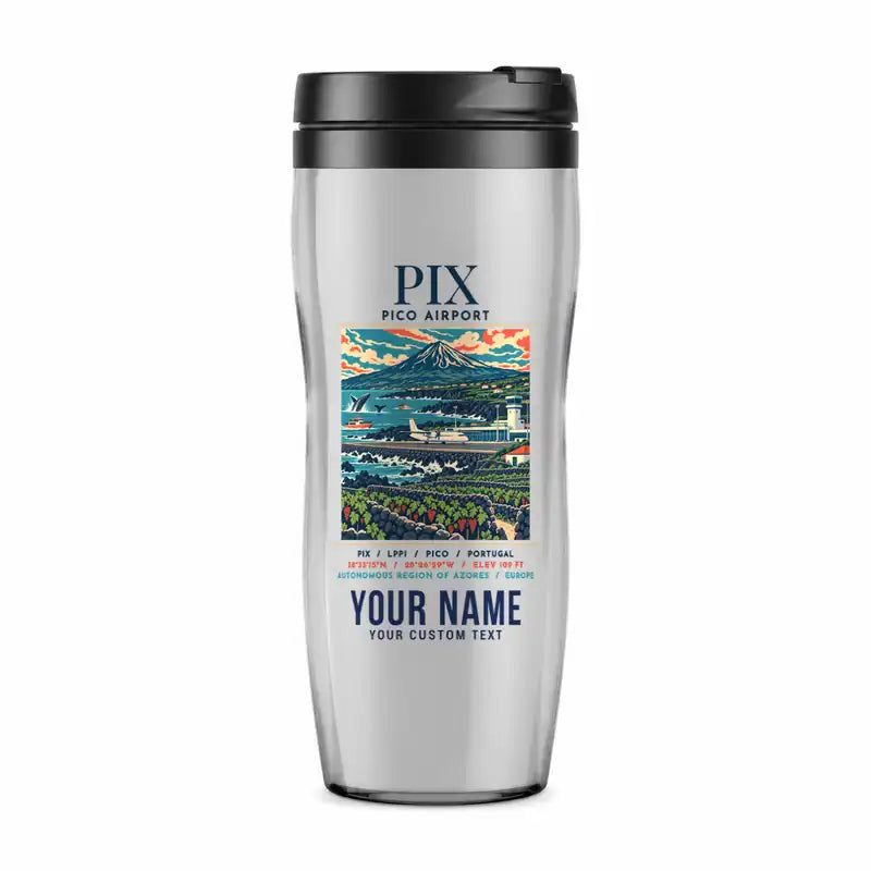 Pico Airport (PIX) Travel Mugs - Poster + Name - Plastic (No Holder) - Light Gray
