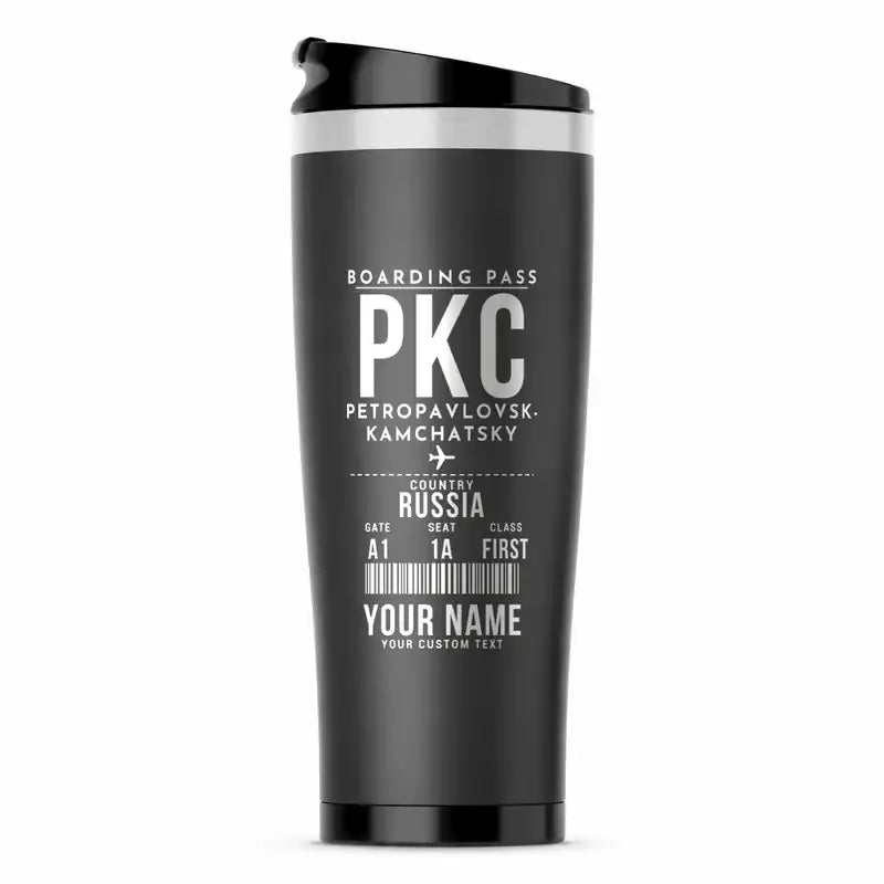 Petropavlovsk-Kamchatsky Yelizovo Airport (PKC) Travel Mugs - Boarding Pass + Name - Stainless Steel (No Holder) - Gray