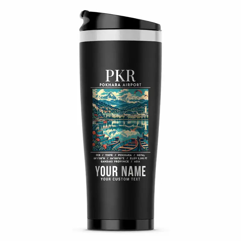 Pokhara International Airport (PKR) Travel Mugs - Poster + Name - Stainless Steel (No Holder) - Black