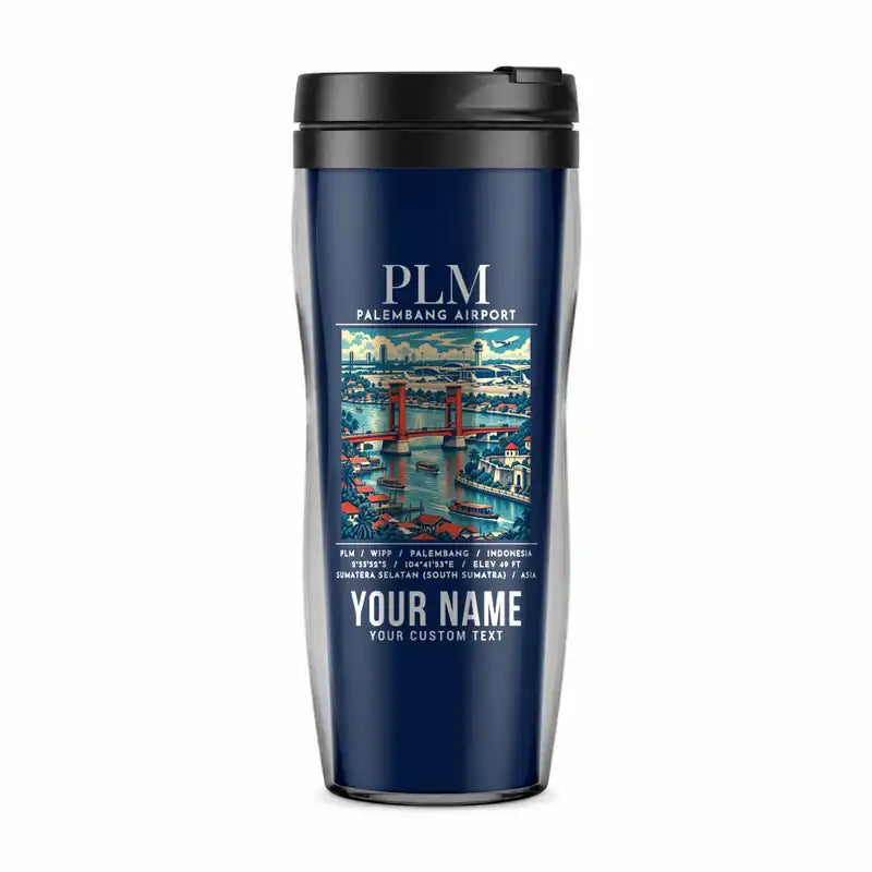 Sultan Mahmud Badaruddin II International Airport (PLM) Travel Mugs - Poster + Name - Plastic (No Holder) - Dark Blue