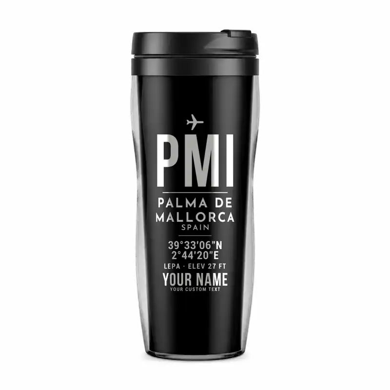 Palma de Mallorca Airport (PMI) Travel Mugs - ID Tag + Name - Plastic (No Holder) - Black