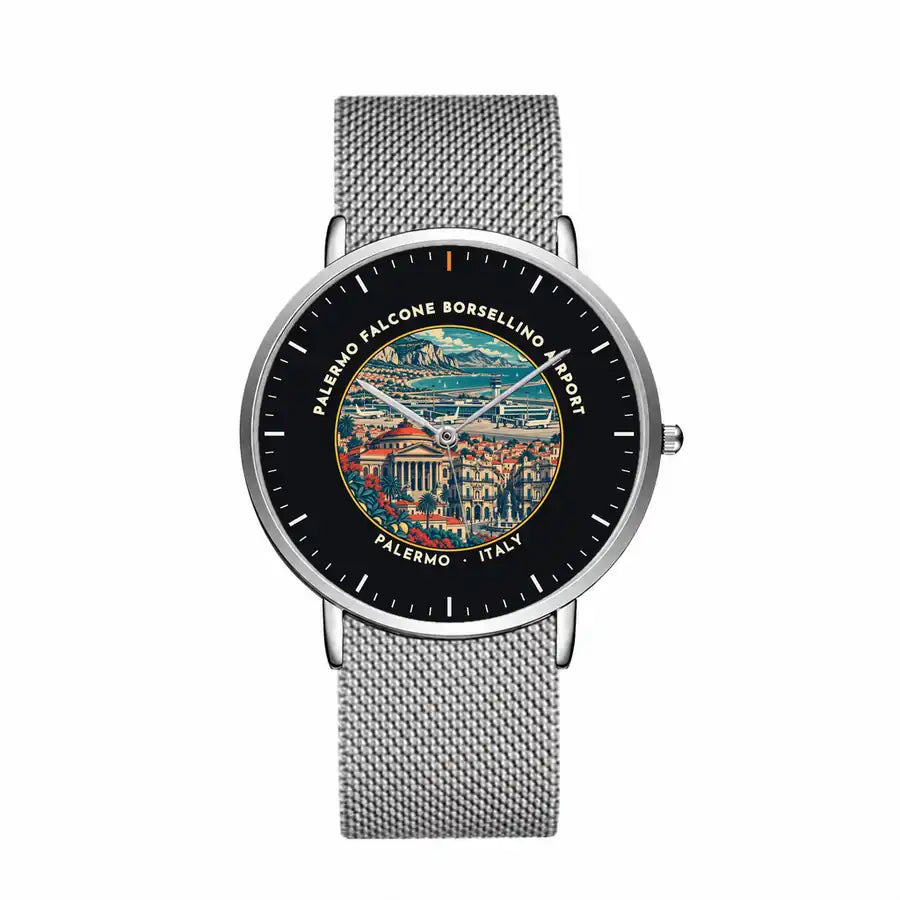 Palermo Falcone Borsellino International Airport (PMO) Aviator Watches - Badge - Slim Mesh - Silver & Silver Stainless Steel Strap