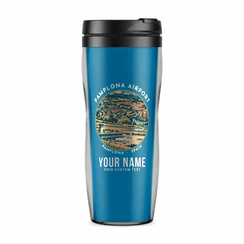 Pamplona Airport (PNA) Travel Mugs - Badge + Name - Plastic (No Holder) - Light Blue