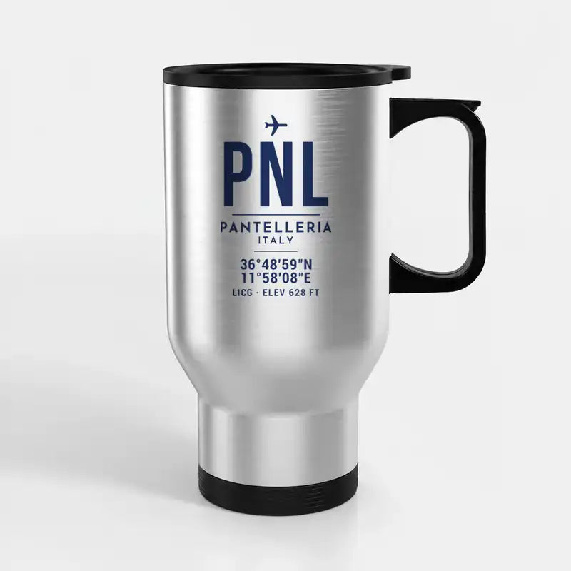 Pantelleria Airport (PNL) Travel Mugs - ID Tag - Stainless Steel with Holder - Silver