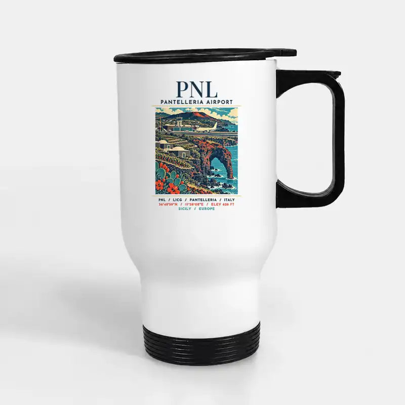 Pantelleria Airport (PNL) Travel Mugs - Poster - Stainless Steel with Holder - White