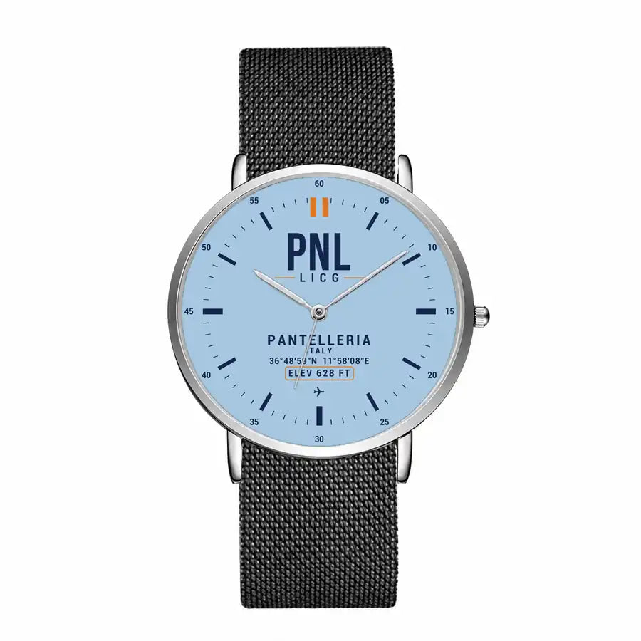 Pantelleria Airport (PNL) Aviator Watches - Classic - Light Blue - Slim Mesh - Silver & Black Stainless Steel Strap