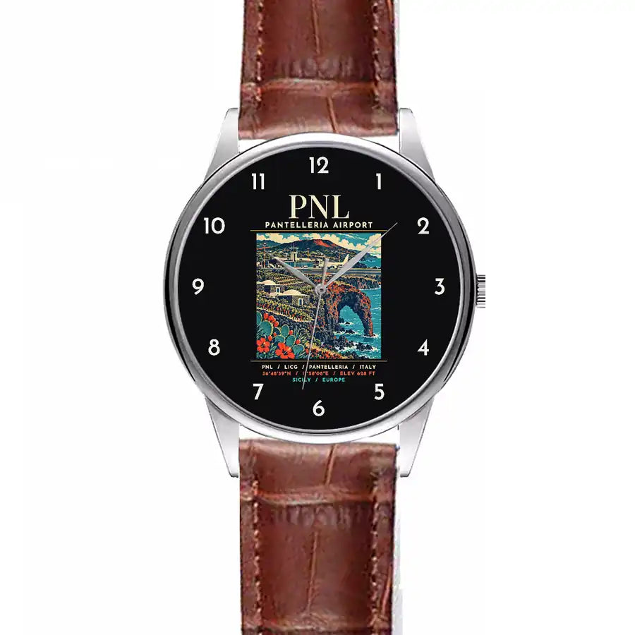 Pantelleria Airport (PNL) Aviator Watches - Poster - Leather Strap - Striped Brown Leather Strap
