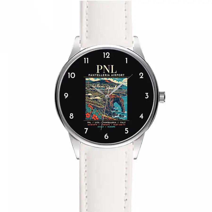 Pantelleria Airport (PNL) Aviator Watches - Poster - Leather Strap - White Leather Strap