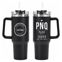 Thumbnail for Pune Airport (PNQ) Stainless Steel Mugs - ID Tag + Custom Back - 40oz Car Mug - Black