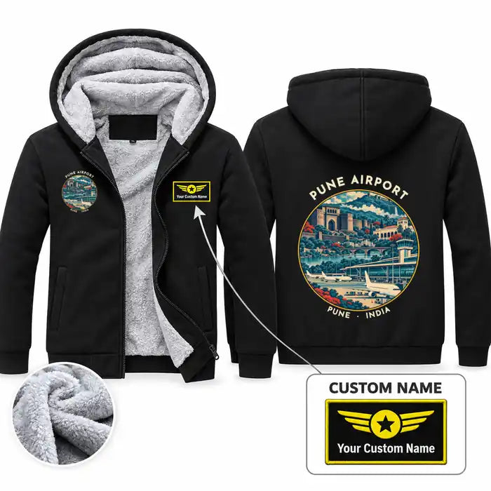 Pune Airport (PNQ) Zipped Sweatshirts - Badge + Name - Black