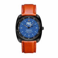 Thumbnail for Pensacola International Airport (PNS) Aviator Watches - Classic - Blue - Luxury Cushion - Black & Light Brown Strap