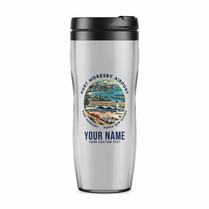 Port Moresby International Airport (POM) Travel Mugs - Badge + Name - Plastic (No Holder) - Light Gray