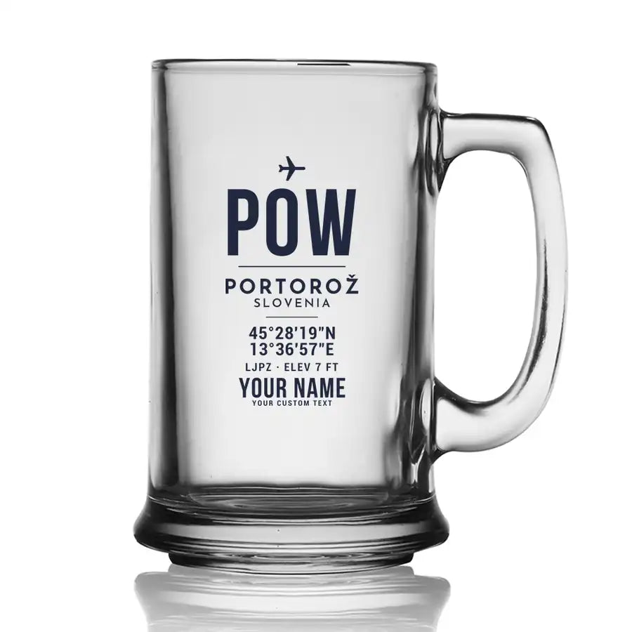 Portorož Airport (POW) Glasses - ID Tag + Name - Beer Glass with Holder