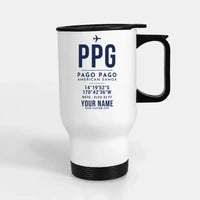 Thumbnail for Pago Pago International Airport (PPG) Travel Mugs - ID Tag + Name - Stainless Steel with Holder - White