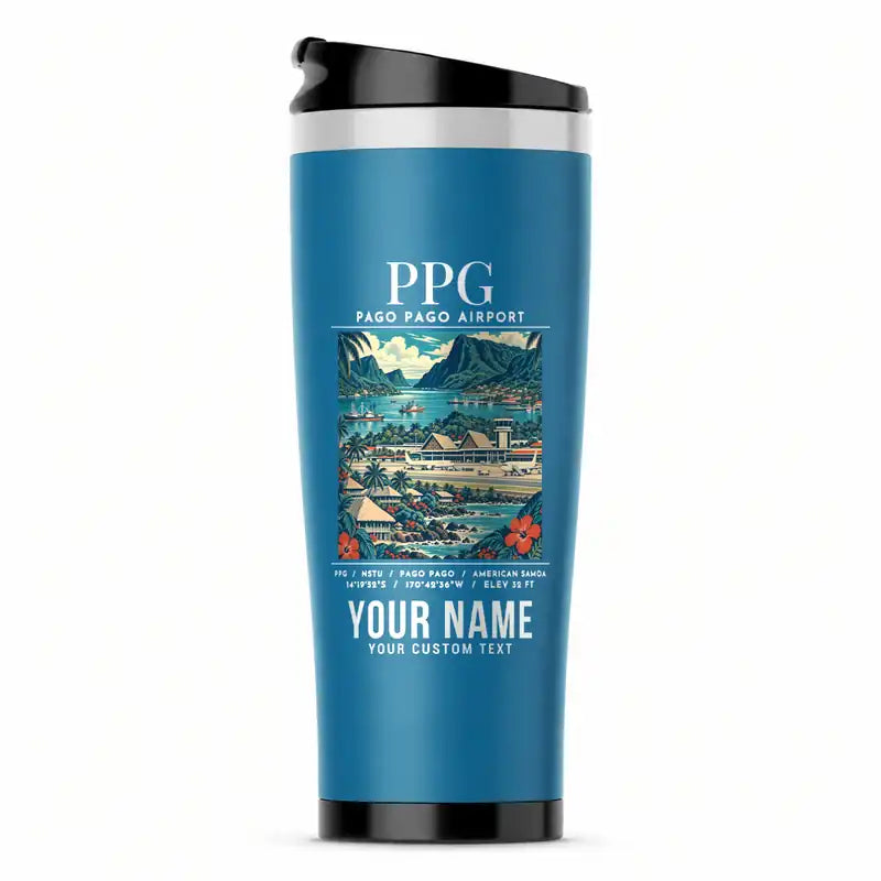 Pago Pago International Airport (PPG) Travel Mugs - Poster + Name - Stainless Steel (No Holder) - Light Blue