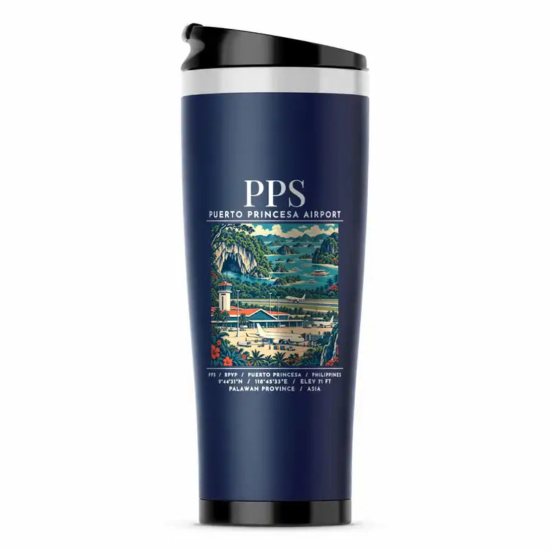 Puerto Princesa International Airport (PPS) Travel Mugs - Poster - Stainless Steel (No Holder) - Dark Blue