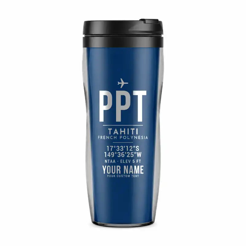 Tahiti Faa'a Airport (PPT) Travel Mugs - ID Tag + Name - Plastic (No Holder) - Blue