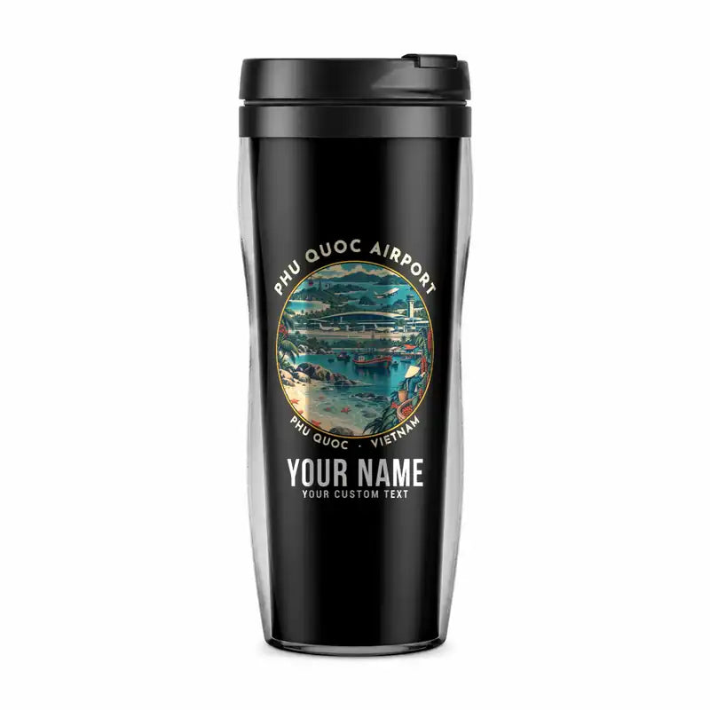 Phu Quoc International Airport (PQC) Travel Mugs - Badge + Name - Plastic (No Holder) - Black