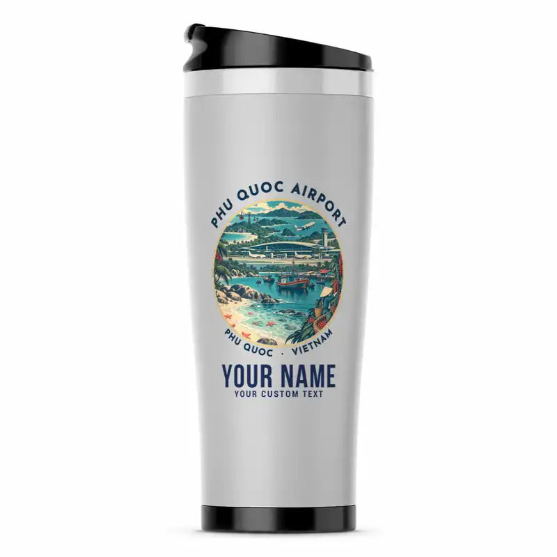 Phu Quoc International Airport (PQC) Travel Mugs - Badge + Name - Stainless Steel (No Holder) - Light Gray
