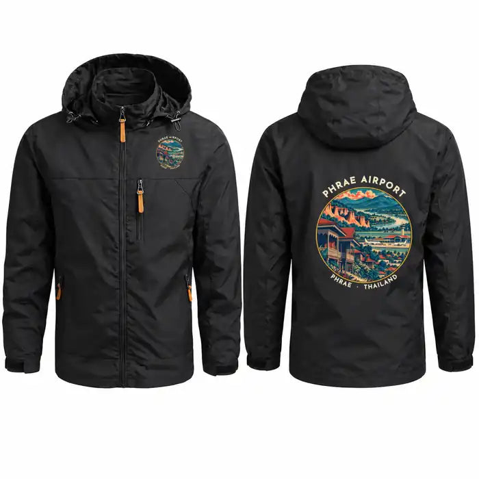 Phrae Airport (PRH) Stylish Jackets - Hooded Windbreaker - Badge - Black