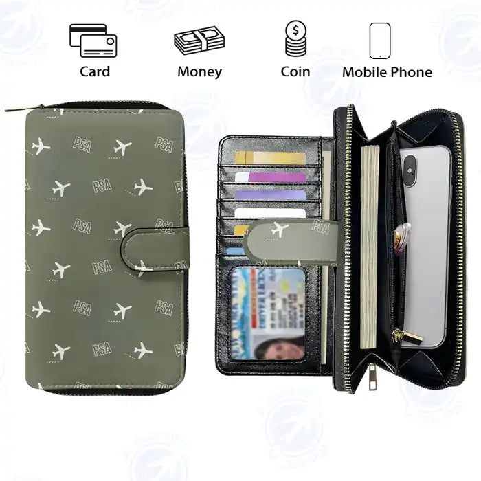 Pisa Airport Galileo Galilei (PSA) Leather Wallets - Zip Long Wallet - Pattern - Green Army