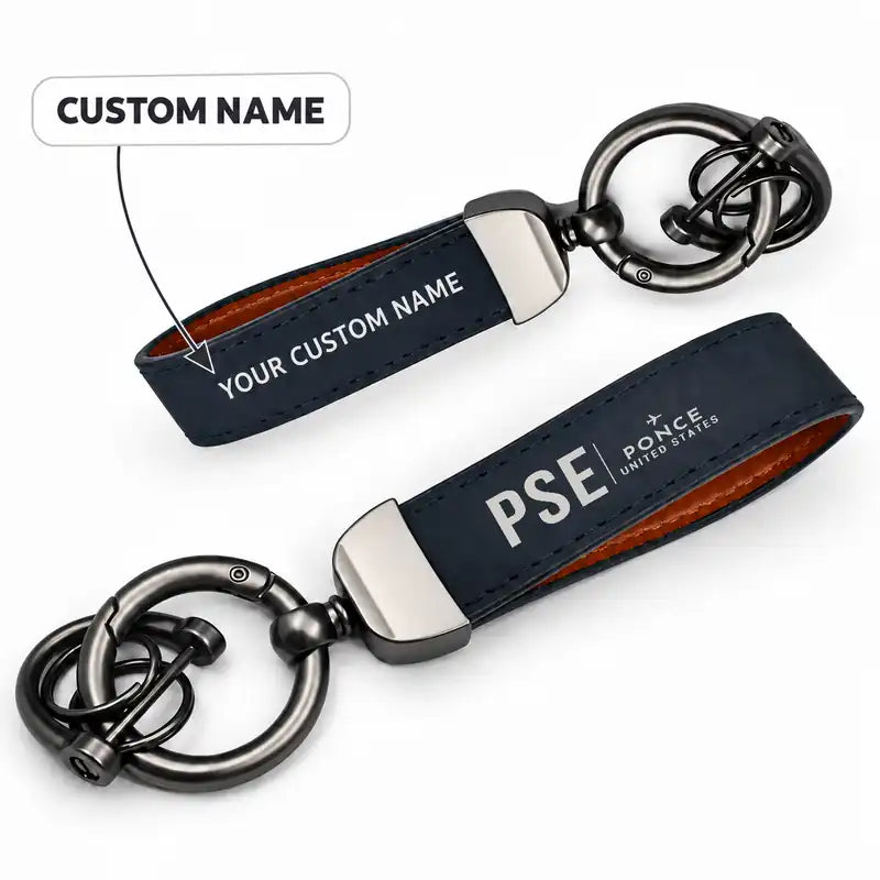 Mercedita Airport (PSE) Leather Key Chains - Leather Key Chain - Horseshoe Buckle - Original Design - Navy Blue + Name