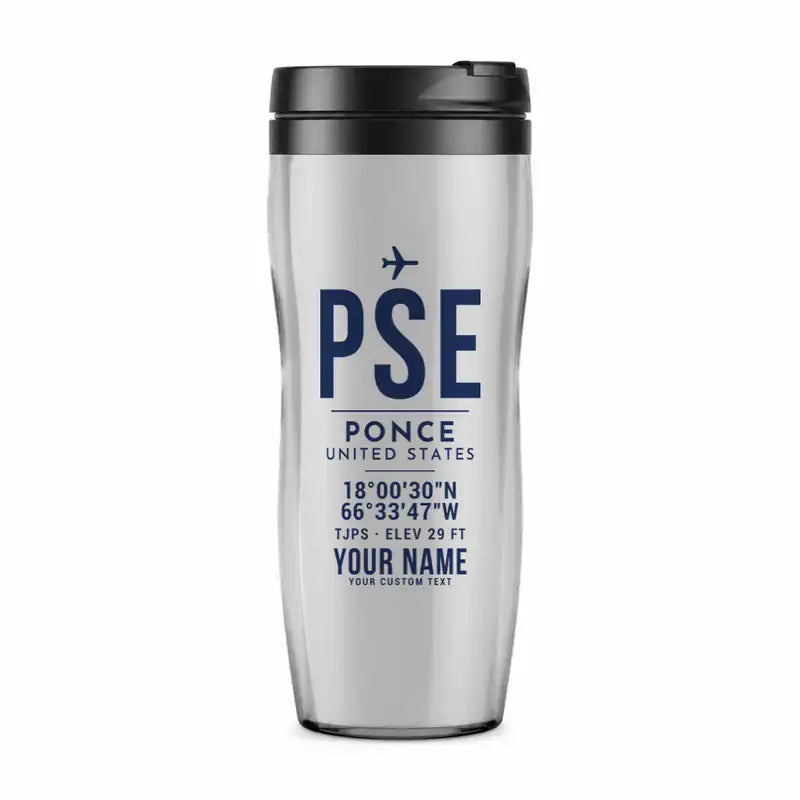 Mercedita Airport (PSE) Travel Mugs - ID Tag + Name - Plastic (No Holder) - Light Gray
