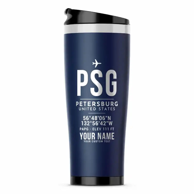 Petersburg James A. Johnson Airport (PSG) Travel Mugs - ID Tag + Name - Stainless Steel (No Holder) - Dark Blue