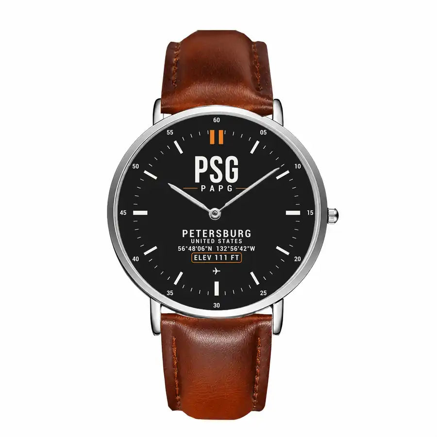 Petersburg James A. Johnson Airport (PSG) Aviator Watches - Classic - Black - Slim Leather - Silver & Brown Leather Strap