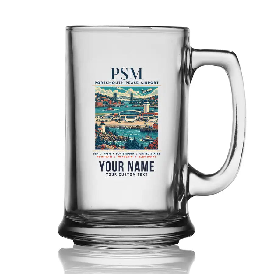 Portsmouth Pease International Airport (PSM) Glasses - Poster + Name - Beer Glass with Holder