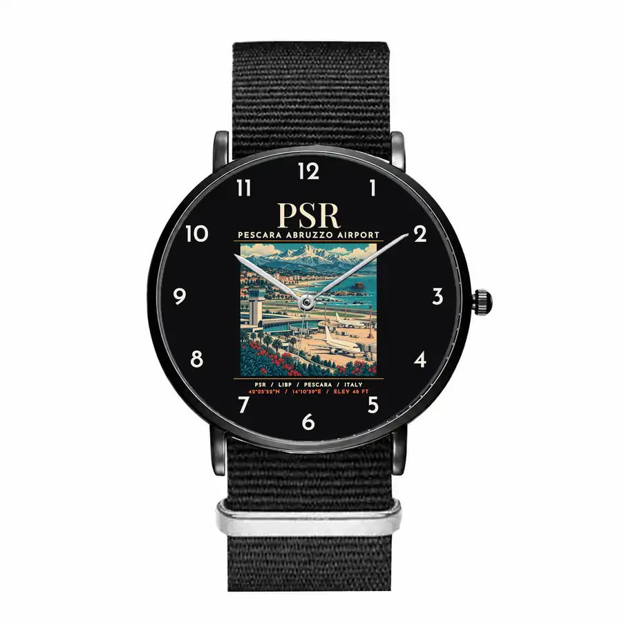 Pescara Abruzzo Airport (PSR) Aviator Watches - Poster - Slim Leather - Black & Black Nylon Strap