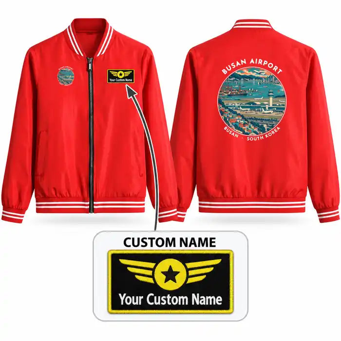 Gimhae International Airport Busan (PUS) Stylish Jackets - Baseball Collar - Badge + Name - Red